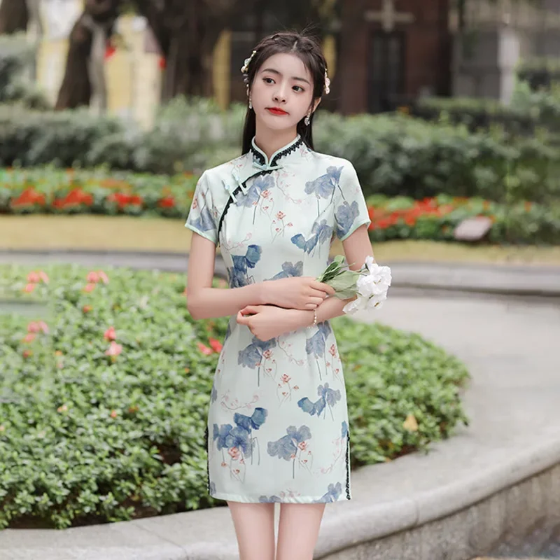 

10 Colors Women New Chinese National Cheongsam Fashion Short Dress Vintage Traditional Improved Qipao S to XXL