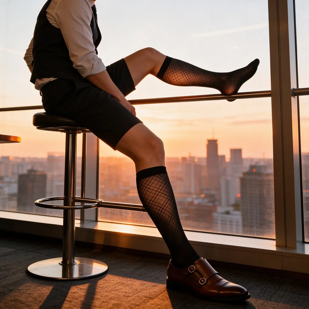Men's Sheer Dress Socks Black Diamond Pattern Knee High Ultra Thin Nylon Silk Business Formal Breathable Elastic
