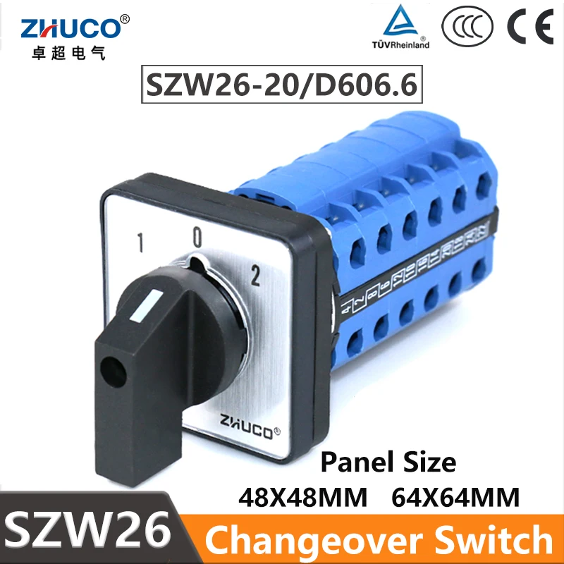 

ZHUCO SZW26/LW26-20 64/48 мм Панель 20 А 660 В 6-полюсный ВКЛ-ВЫКЛ-ВКЛ Обратный двойной переключатель питания Комбинированный переключатель с вращением