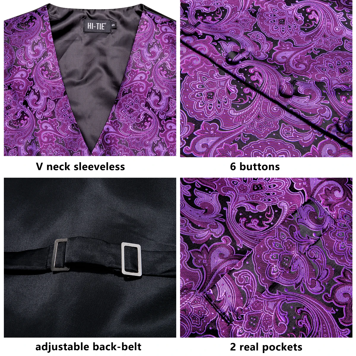 Hi-tie Mens Purple Suit Vest Paisley Silk Jacquard Slim Sleeveless Waistcot Ties Set Formal/Leisure 4PCS Business Party Wedding