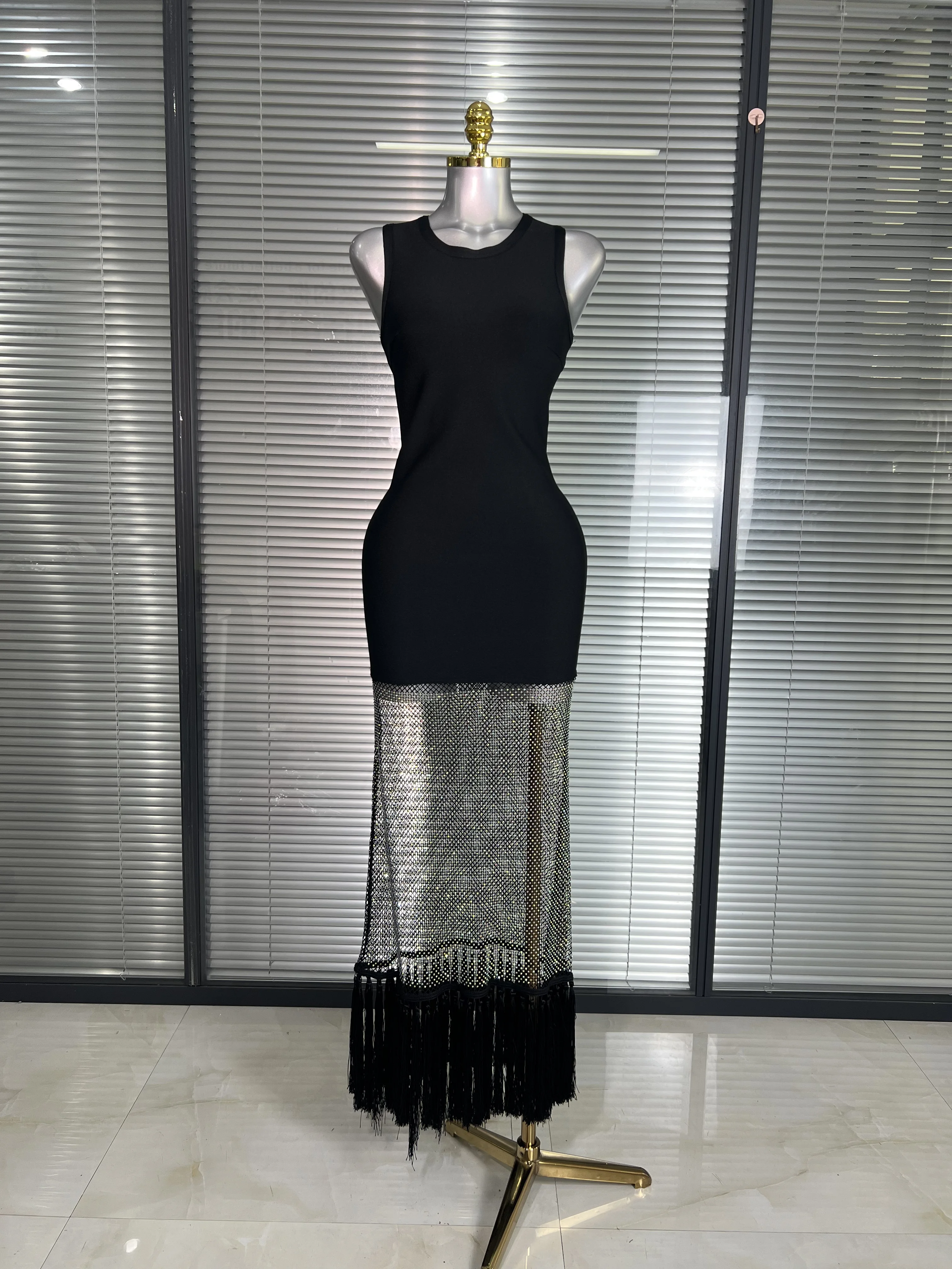 

Summer New 2025 Women Black Tank Long Bodycon Bandage Dress Sparkly Shining Evening Party Dress Vestido