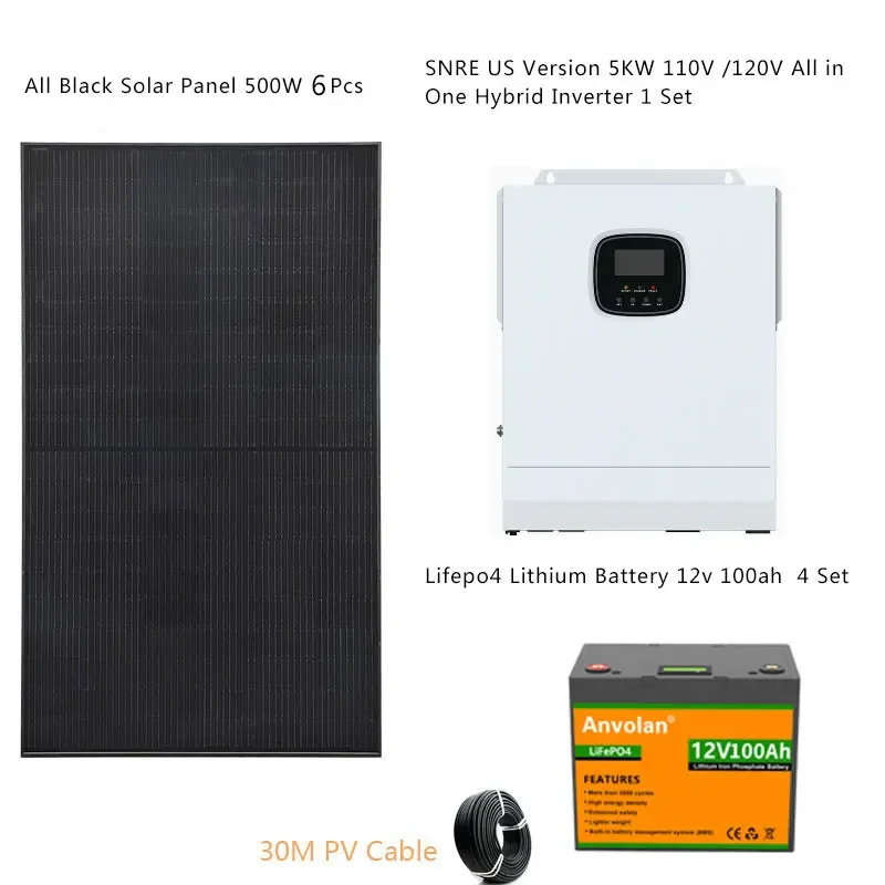 مجموعة اللوحة الشمسية كاملة مع Lifepo4 بطارية ليثيوم الشمسية 5000 واط 110 فولت 220 فولت الهجين العاكس المنزل خارج الشبكة سيارة التخييم قافلة