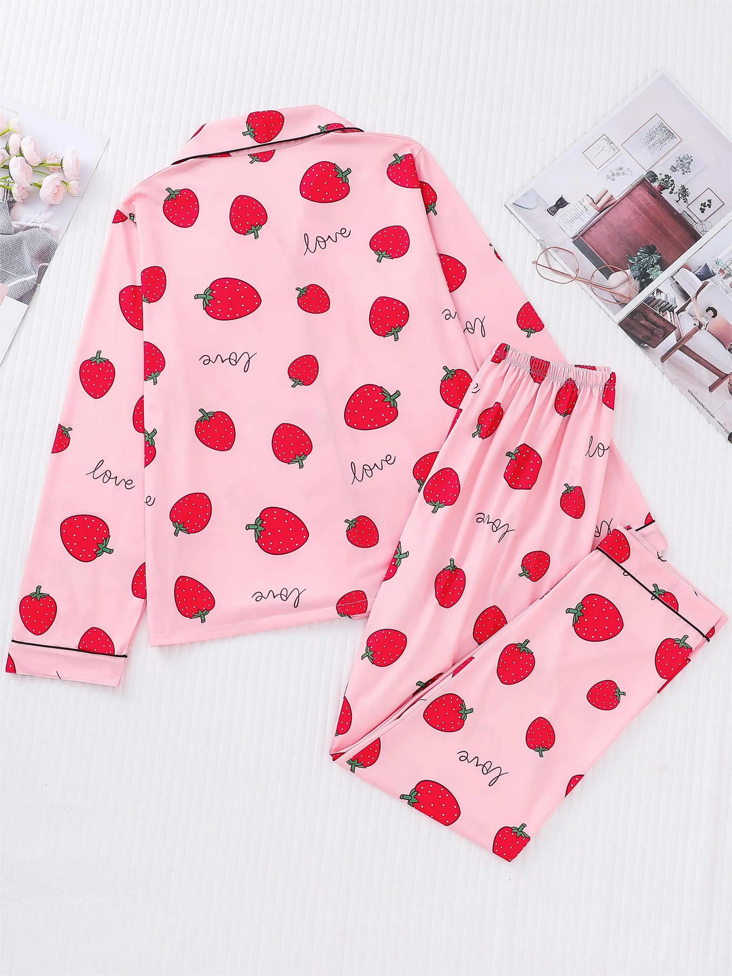 Strawberry heart print pajama set button-down cardigan lapel top loose trousers women\'s loungewear