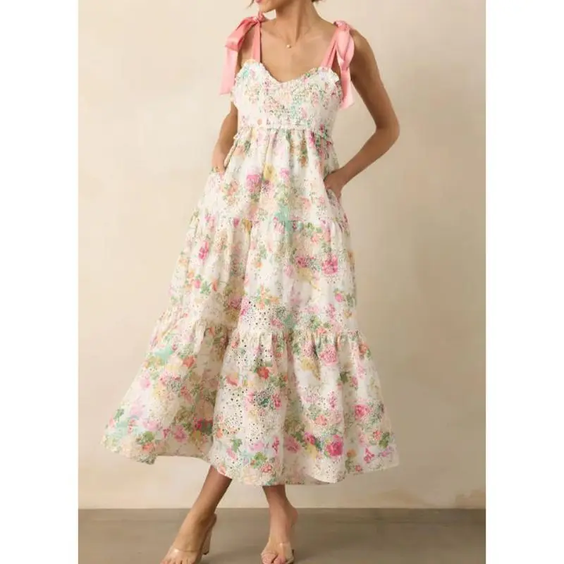 Combhasaki Donna Estate Spalline larghe Stampa floreale Cravatta con volant Scollo a V Smocked Patchwork Swing Flowy A-line Abito lungo dal carro armato