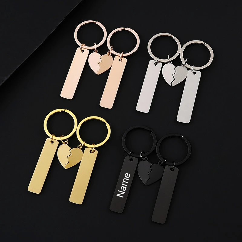 Custom Stainless Steel Couple Style Blank Long Strip Half Heart Laser Engraved Metal Keychain Personalized Name Ring Key Chains
