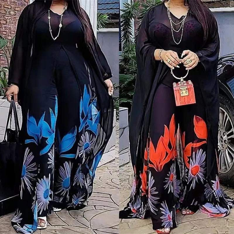 2Pcs African Dresses for Women African Dashiki Chiffon Long Tops Wide Leg Pants Set Loose Dress Dubai Kaftan Abaya Robe Outfits