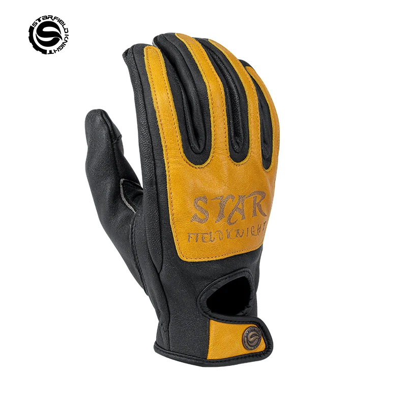 

Желтые мотоциклетные перчатки Star Field Knight в стиле ретро, летние дышащие перчатки с полным пальцем из натуральной козьей кожи, нескользящие, износостойкие