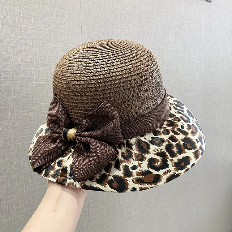 

2025 Summer New! Korean Version Leopard Print Bow Straw Hat - Women's Breathable Beach Vacation Dome Basin Hat Hats for Women