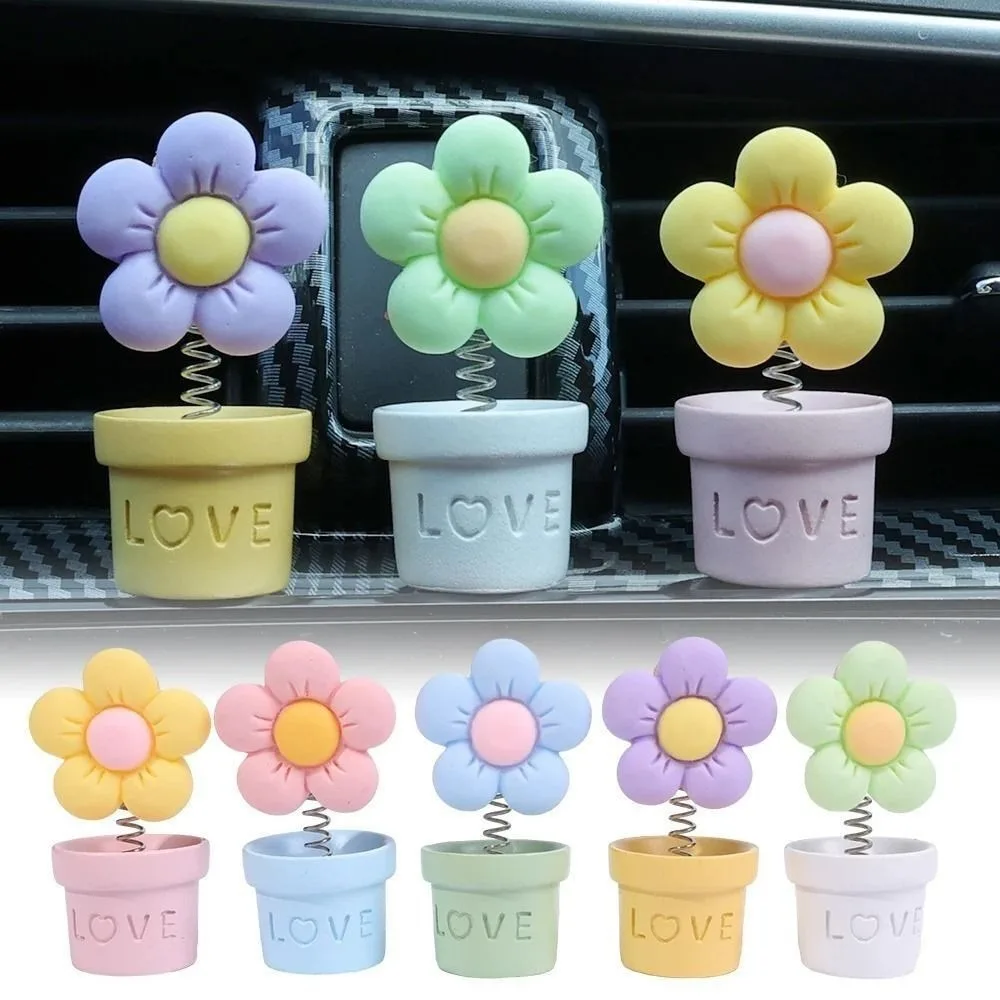 Cute Cartoon Dashboard Decoration Candy Color Car Shaking Spring Head Toy Resin Shaking Flower Pot Ornament Auto Accessories