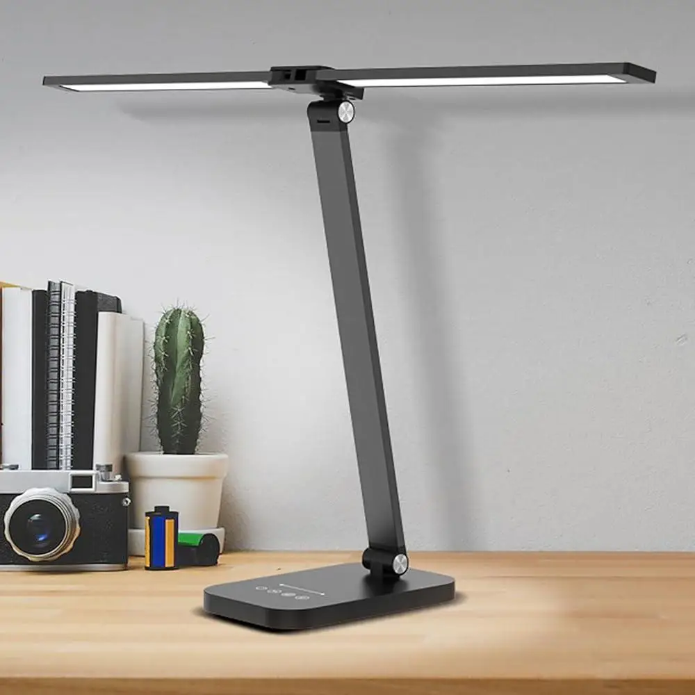 Dual Head Desk Lamp with USB Charging Adjustable Swing Arm LED Touch Control Brightness Home Office Lamp Reading Writing