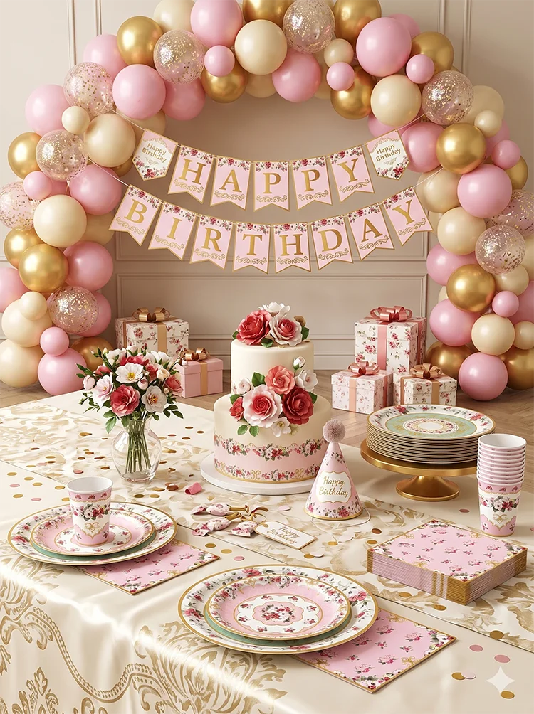 Vintage Blumenmuster Teegeschirr-Set Elegante Rosa Pappteller Tassen Servietten EVJF Mädchen Geburtstag Brautparty Hochzeitsdekoration – Detail 2