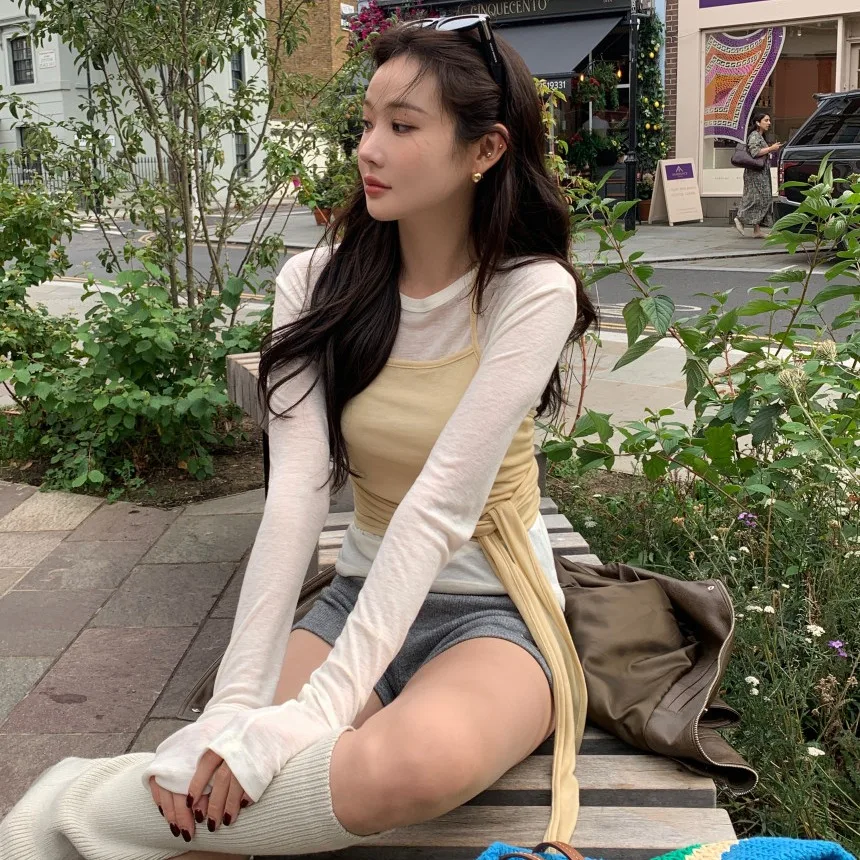 Autumn Winter Long Sleeve Base Shirt Design Sense Bow Tie Strap Set Women's Casual Style Fashionable Two-Piece Suit