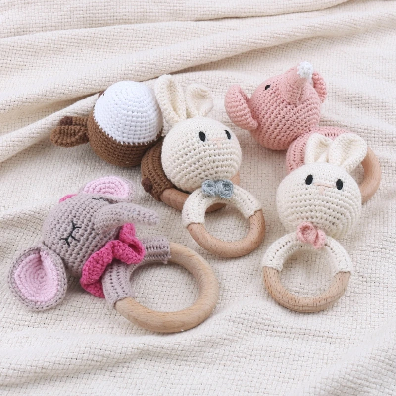 

Wood Baby Rattle for Newborn Crochet Bunny Rattle Toy Natural Wood Shaker Rattle for Hand Grips- Boy Girl First Rattle