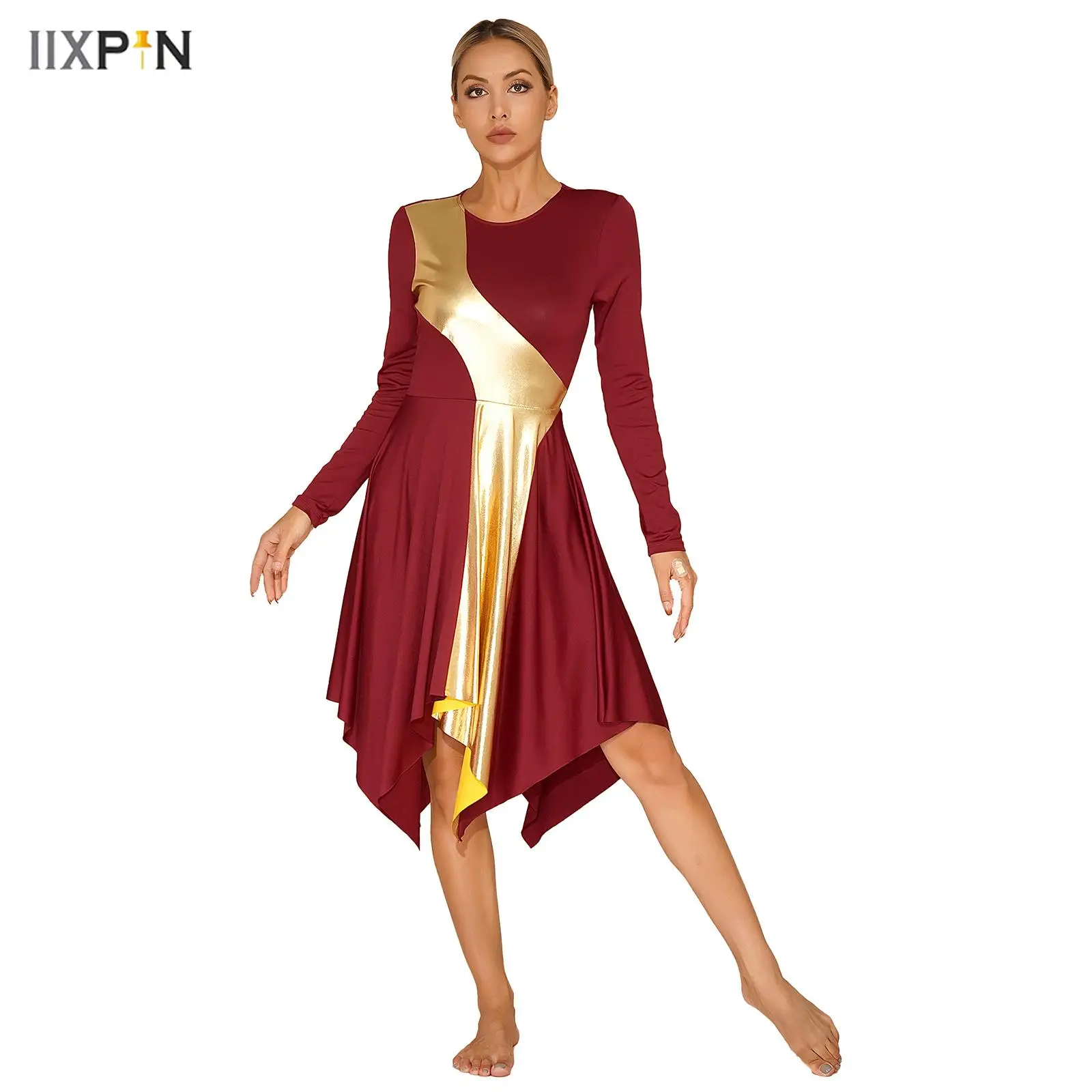 

Womens Church Worship Lyrical Dance Dress Contrast Color Patchwork Asymmetrical Long Sleeve Dresses Praise Performance Costume