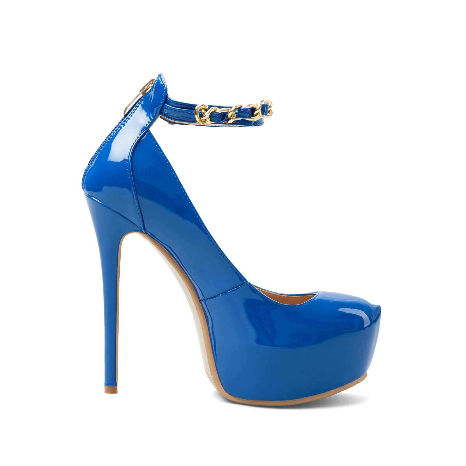 Royal Blue Patent Leather Platform High Heel Pumps Gold Chain Ankle Strap Back Zipper Stiletto Women Party Fashion Shoes view 5