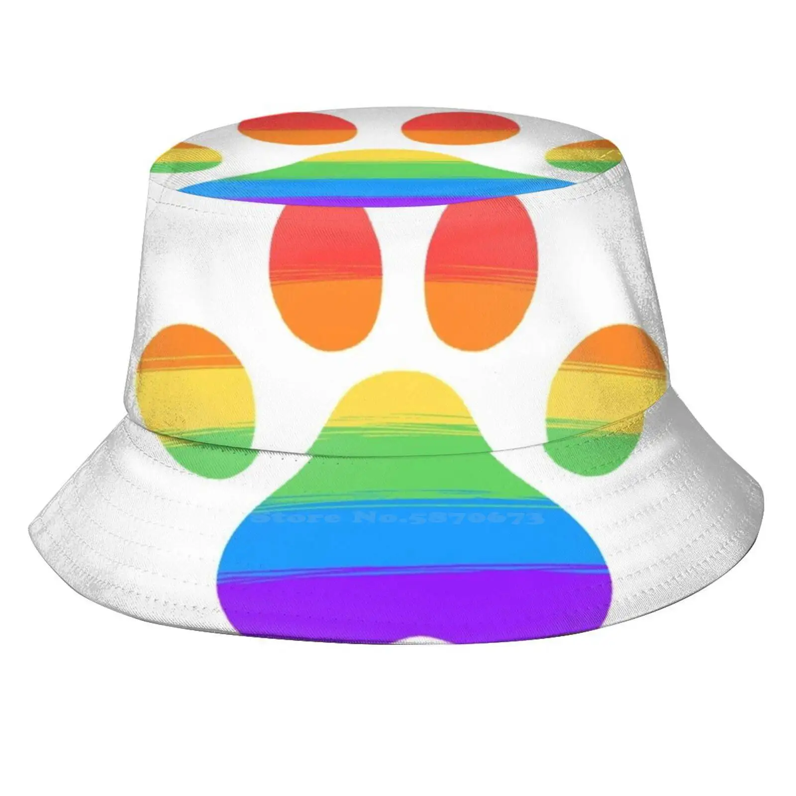 Rainbow Striped Paw Print Foldable Panama Bucket Hat Cap Paw Rainbow Pride Colorful Dog Cat Lady Love Kattvalk