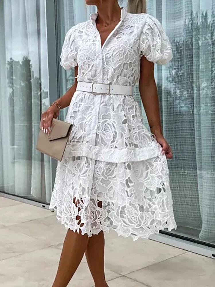 

Women Lace Patchwork Cardigan Dress, Summer Casual Stand Collar Loose Party Dress, 2024 New Femme Short Puff Sleeve Solid Dress