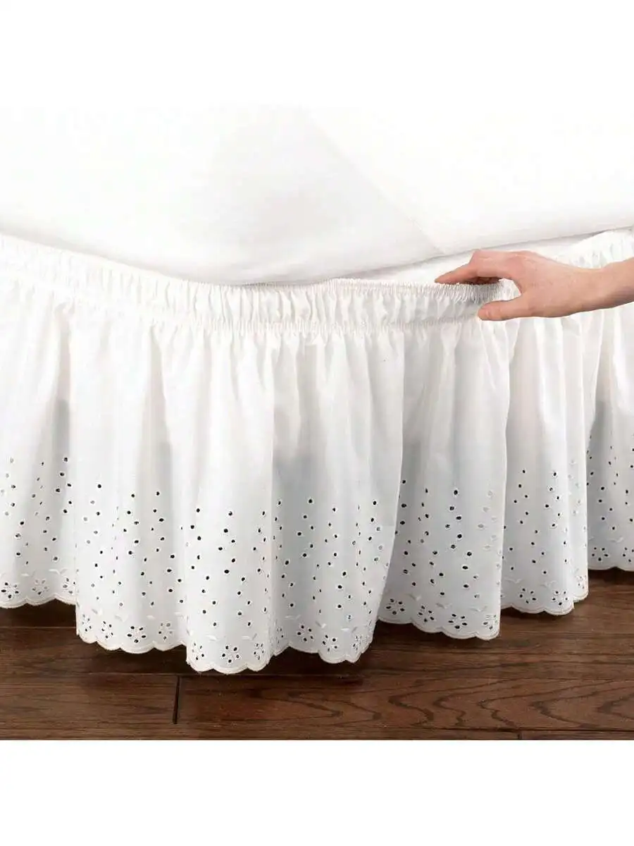

Eyelet Scalloped Elastic Bed Skirt Wrap Around Fit White Queen King