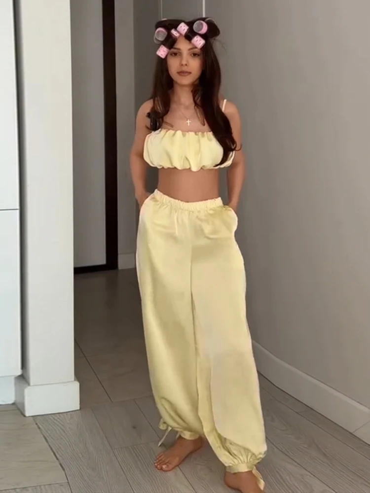 Plissierte kurze Tube-Tops, Hosenanzüge für Damen, sexy Spaghettiträger, ärmelloses, kurzes Top, elastische Taille, Schnürhose, neue Outfits – Detail 22