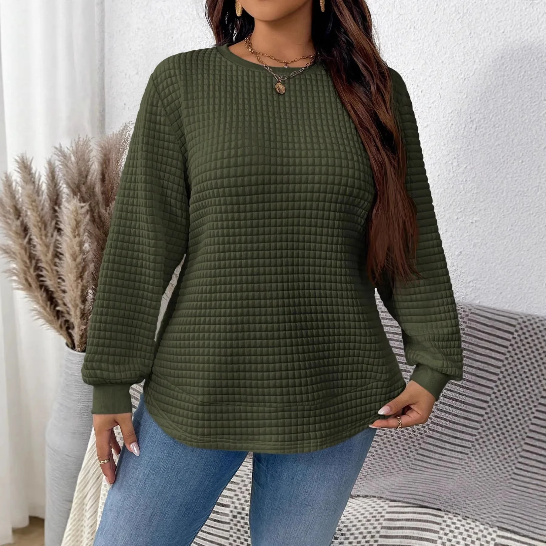 

2026 New Spring and Autumn Fashion Versatile Casual Solid Color Square Plaid Pullover Sweatshirt Women