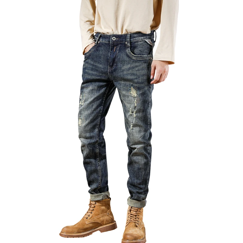 2025 Spring Autumn Trendy Ripped Hole Distressed Washed Denim Jeans for Men American Vintage Casual Slim Fit Stretch Pants