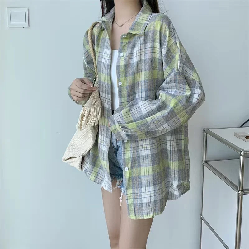 

Green Plaid Shirt Women Long Sleeve Top Female Vintage Fashion Button DownShirt Blouse Ladies Preppy Style Loose Check Shirts
