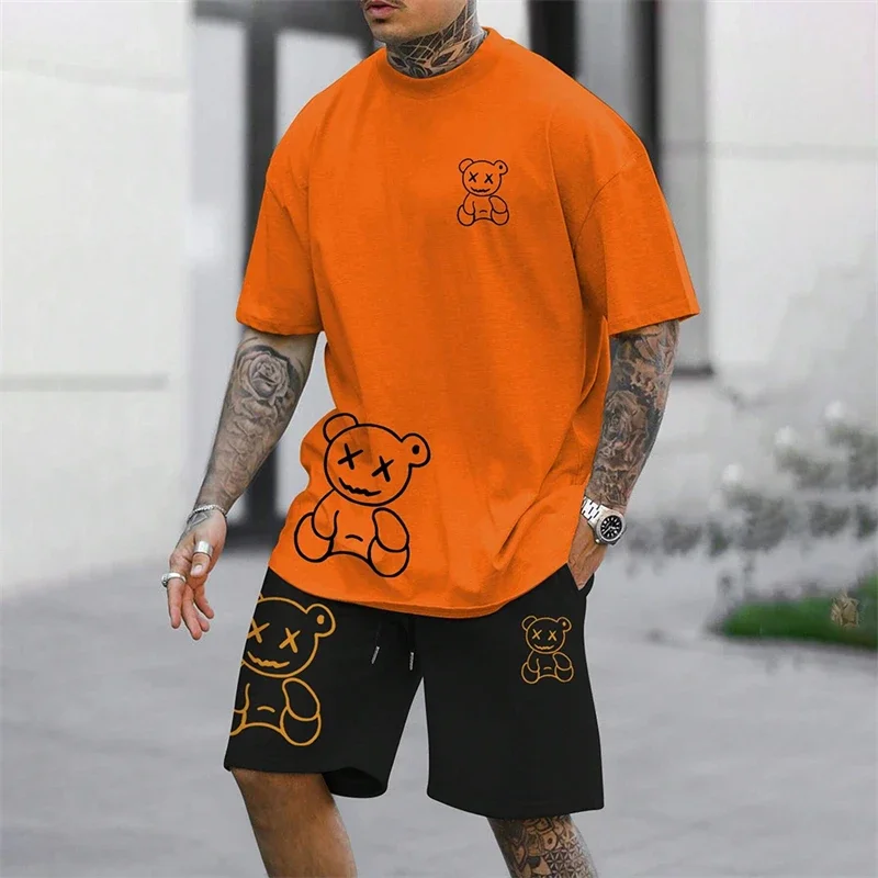 Fun Bear Harajuku T-Shirt Men's Summer Loose Daily Couple Suit Outdoor Street Short Sleeve Shorts Two Piece Men Summer Suit - view 4