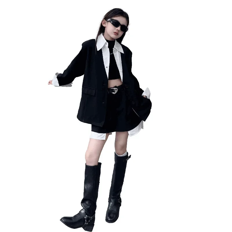 teen girl design suit set child casual vacation clothes outfits shirt splicing jacket half body skirt pants 2pcs junior kid suit