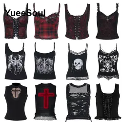 Gothic Crop Tops Black Lace Mesh Tanks Tops 2026 New Y2K Goth Punk Grunge Fairy Core Sexy Y2K Halloween 2000s Women Clothing
