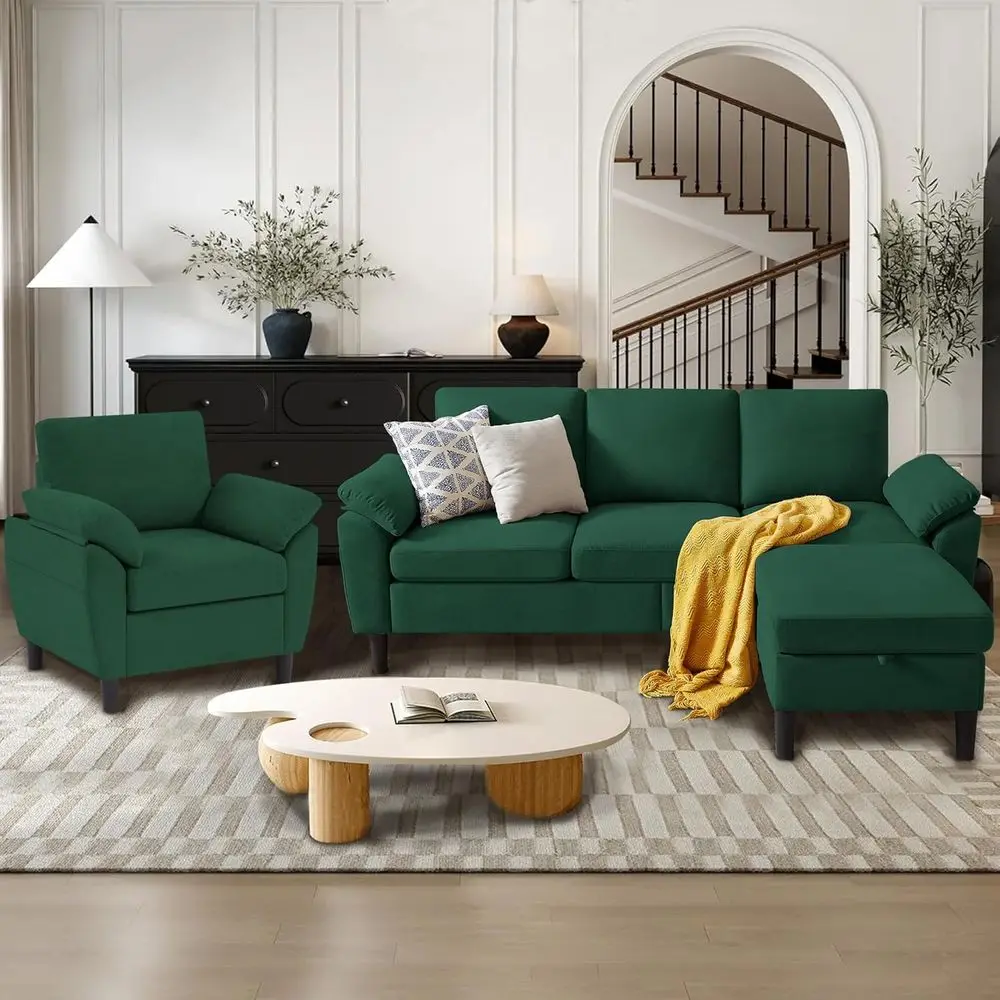 

Комплект из 3 предметов: угловой диван из льна с откидным пуфом и креслом, зеленый