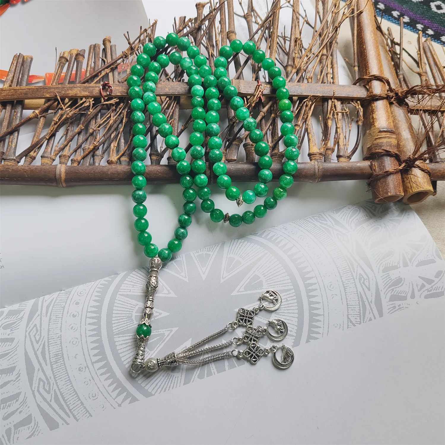 1pcs/lot dried green jade 33pcs, 99pcs rosary bracelet 8mm Prayer pilgrimage worship arabian bracelet 925 silver tassels