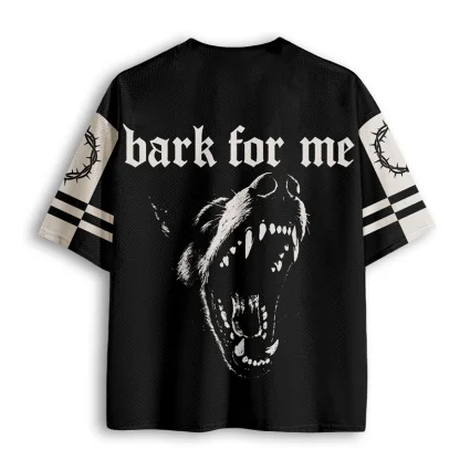 Bark For Me Roaring Dog Thorn Print Men V Neck Mesh Jersey Gothic Dark Style Graphic Short Sleeve Top