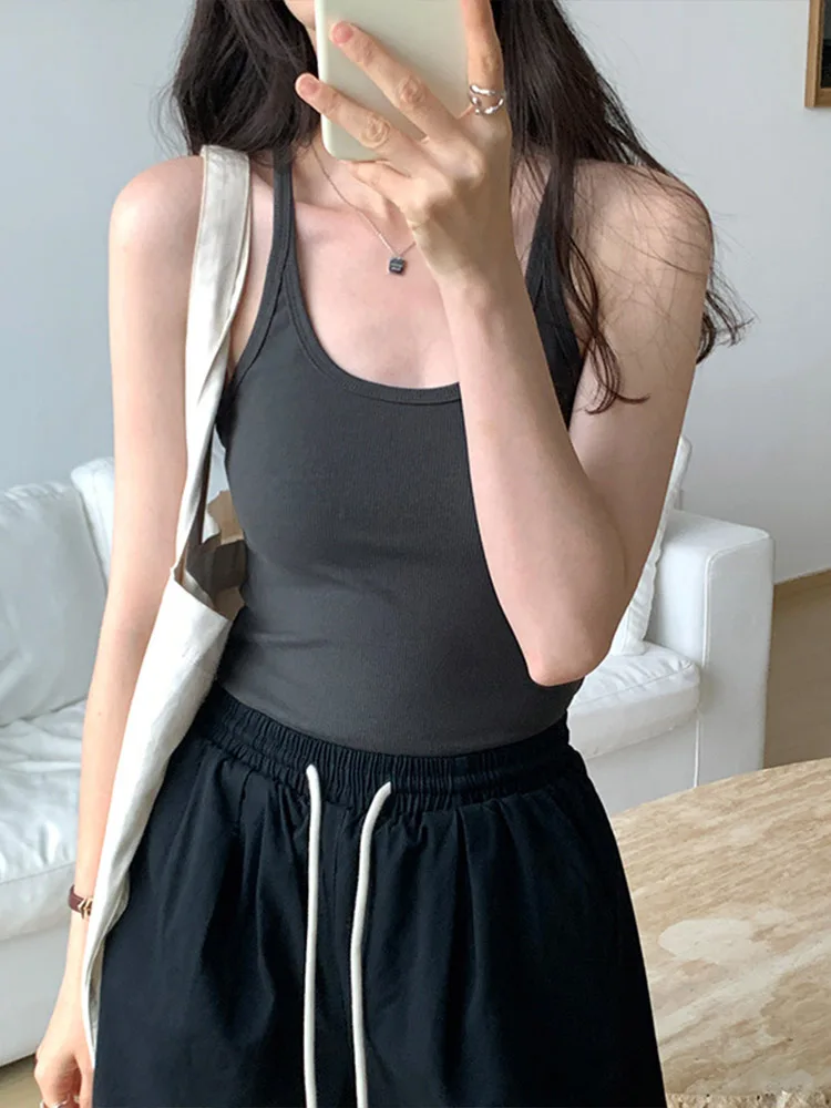 Summer New Solid Color Simple Women's Tanks Slim Casual Fashion Female Top Apricot Dark Grey Dark Coffee Black Tanks