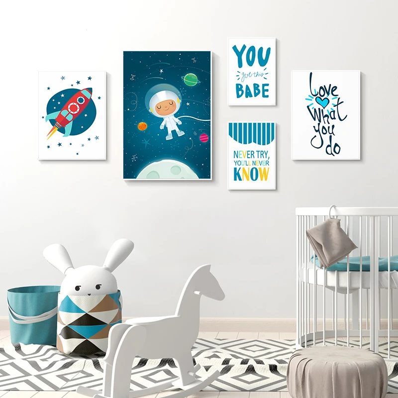 

6Pcs/Set Cartoon Alphanumeric Space Rocket Canvas Poster Picture Wall Decoration Modern Nursery Boys' Children's Room Home Decor