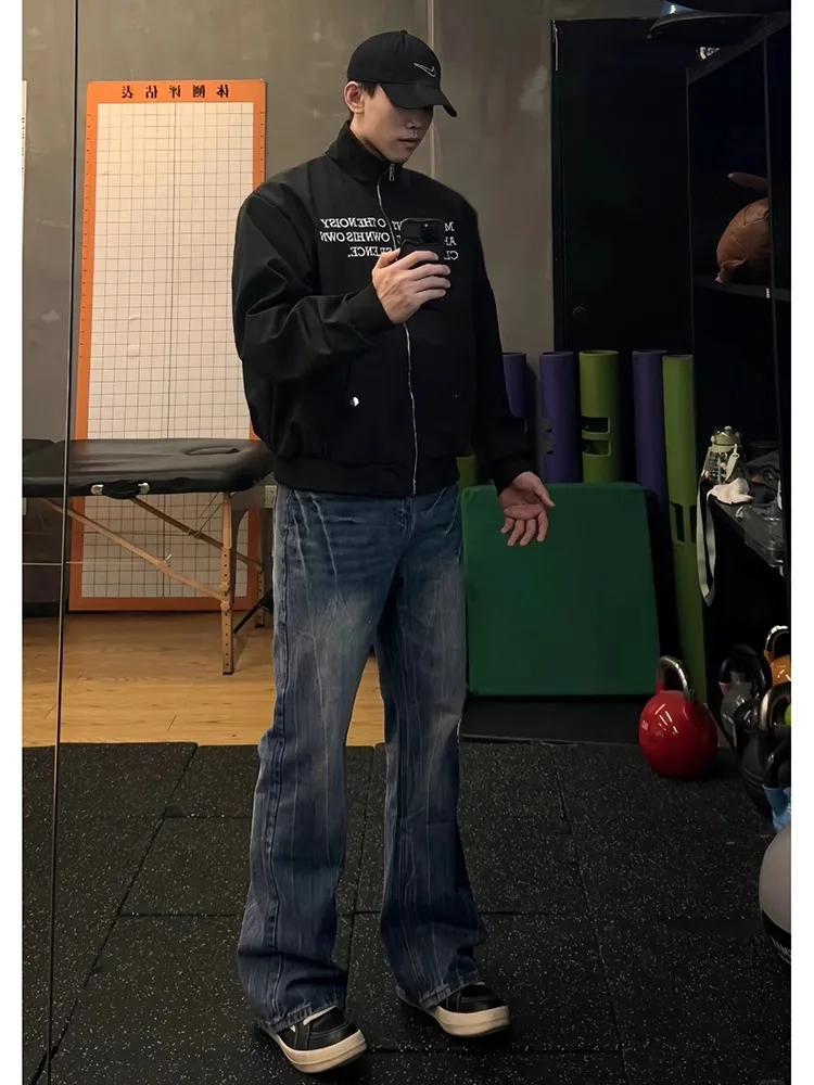 

Синие прямые джинсы для мужчин, весна-осень, в американском стиле, облегающие, с легким расклешением, длинные брюки, модные джинсы