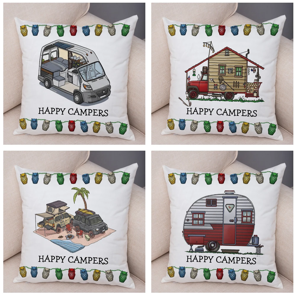 Both Sides Cartoon House Travel Car Cushion Cover Pillow Case Decor Happy Camper Van Life Soft Plush Pillowcase for Sofa Home