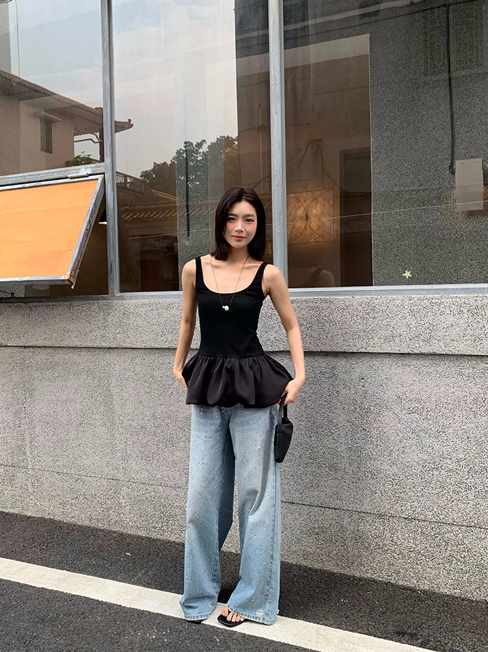 

Yiyou2026 Early Spring Korean Style Women's Slim Fit Sleeveless U-Neck Vest with Lace Trim Casual Fashion Polyester Fiber