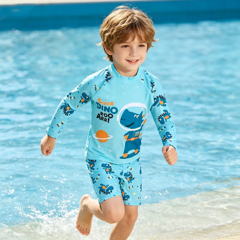 Boys Dinosaur Swimwear Set 2Pcs Kids Long Sleeve Rash Guard Swim Shirt + Shorts Toddler Swimming Suits Beachwear for Boys