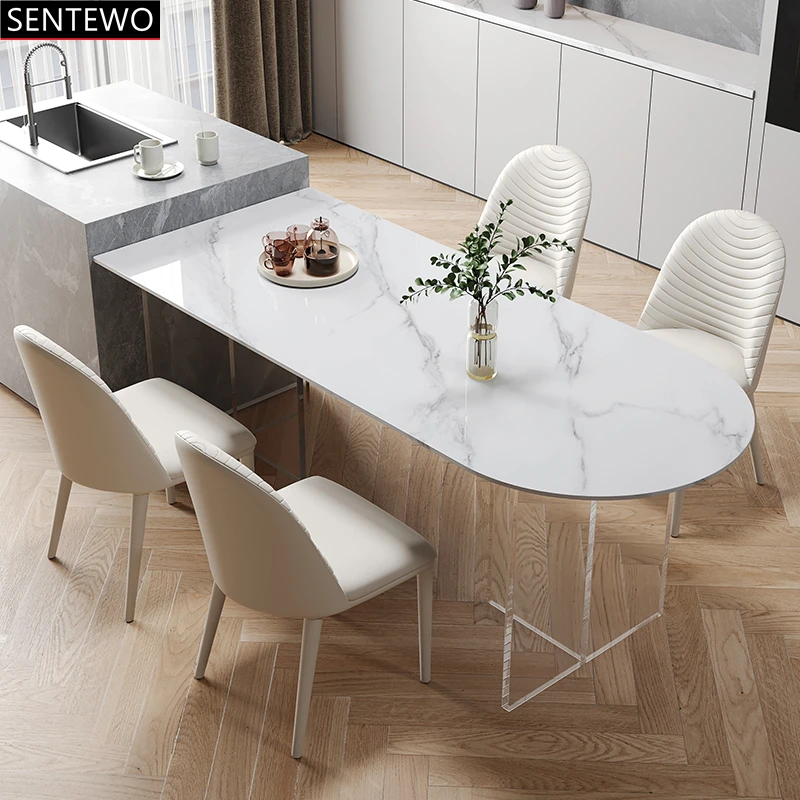 SENTEWO Free Shipping Nordic Rock Slab Kitchen Dining Table And 4 Chairs Clear Acrylic Floating Base Tables Chair Home Furniture