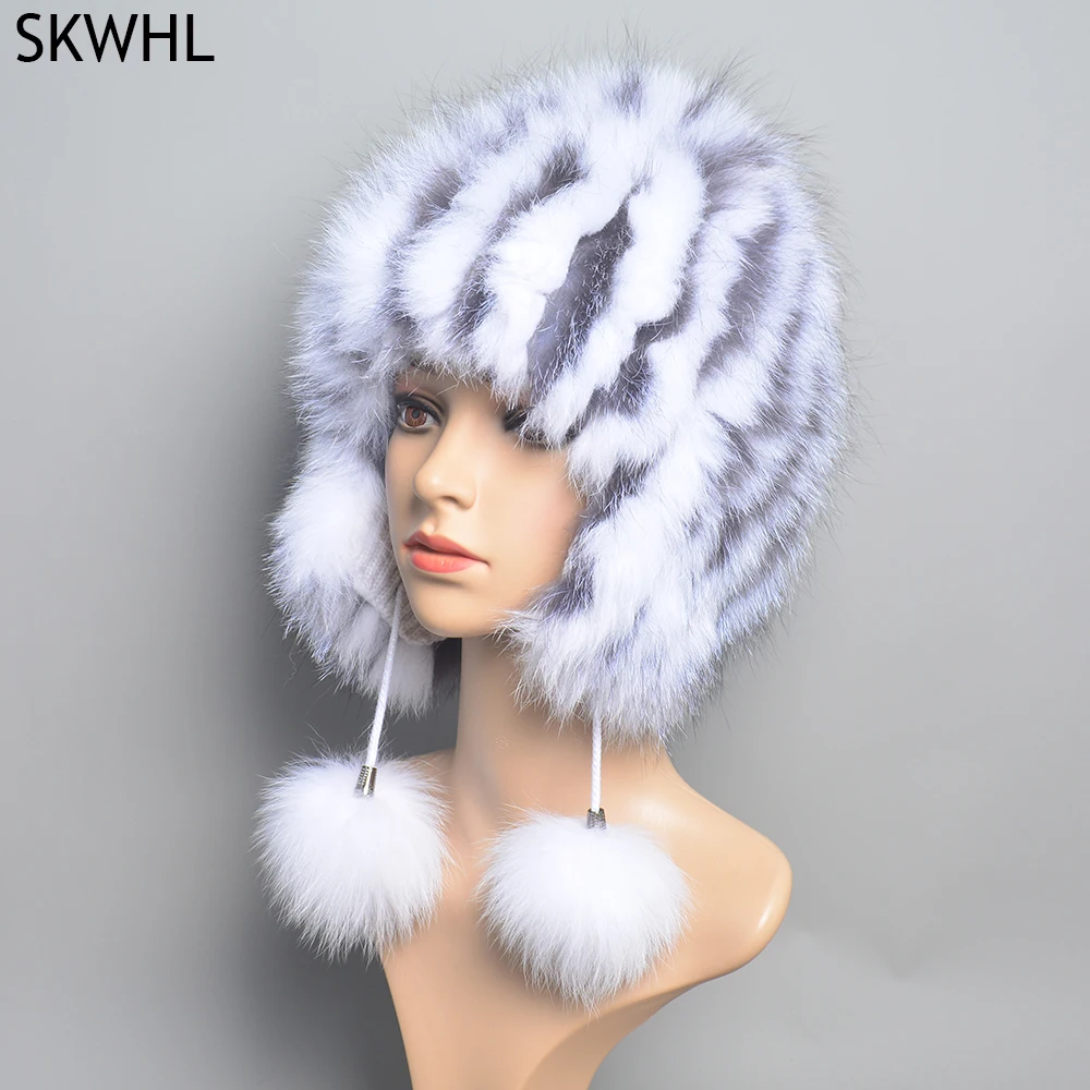 Real Fox Fur Pompom Bomber Hats Russian Female Beanies Natural Raccoon Fur Hat Knitted Skullies Beanies Women's Cap Winter Hats