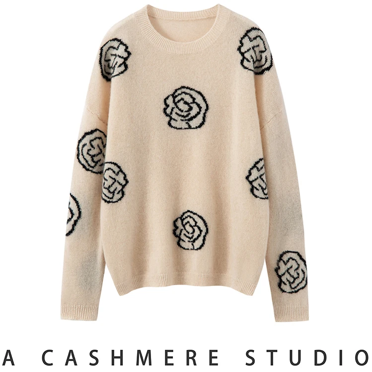 

2025 Winter New Sle Women's Pure Camere Knitted Sweater round Ne Pullover Warm Floral Patterned Versatile Comfortable Fit
