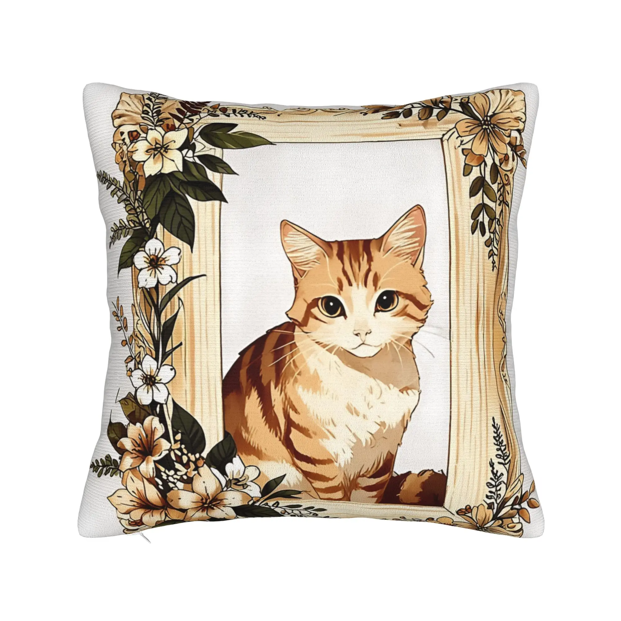 Cute Caroon Cat Portrait Photo Frame Art Pillow Cover  Design Cushion Cover Vintage Pillow Case For Couch Sofa Bedroom