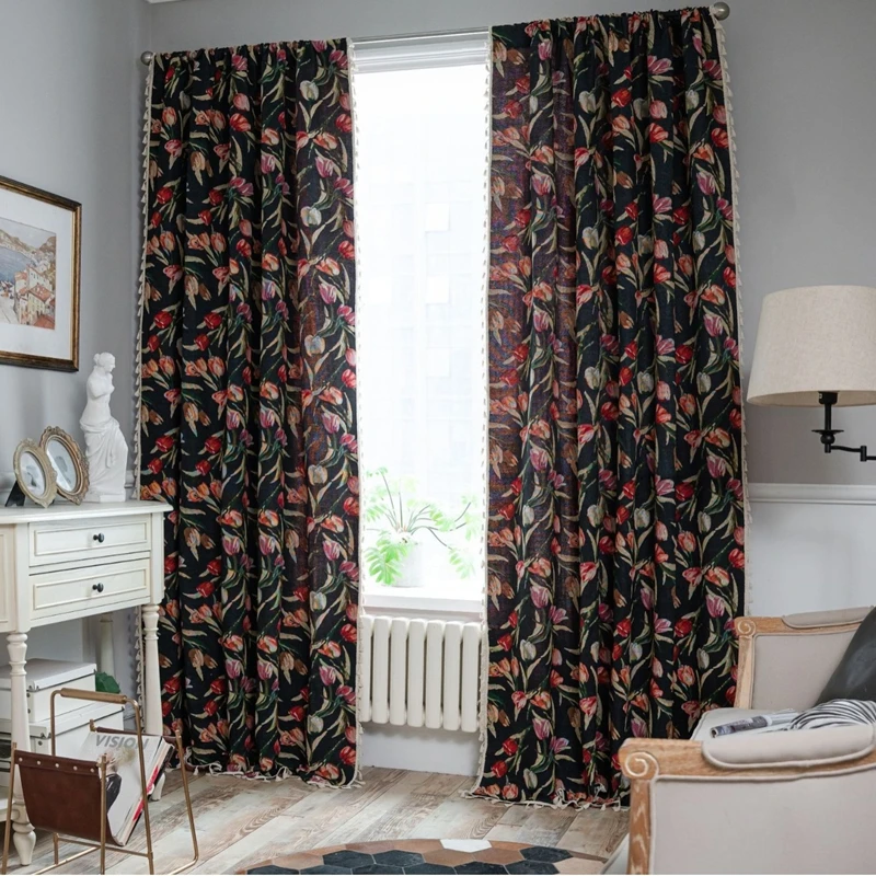 Cotton Linen American Curtain Tulip Jacquard Fringe Curtain Finished Kitchen Drapes Bay Window Semi-blackout Bedroom Valance