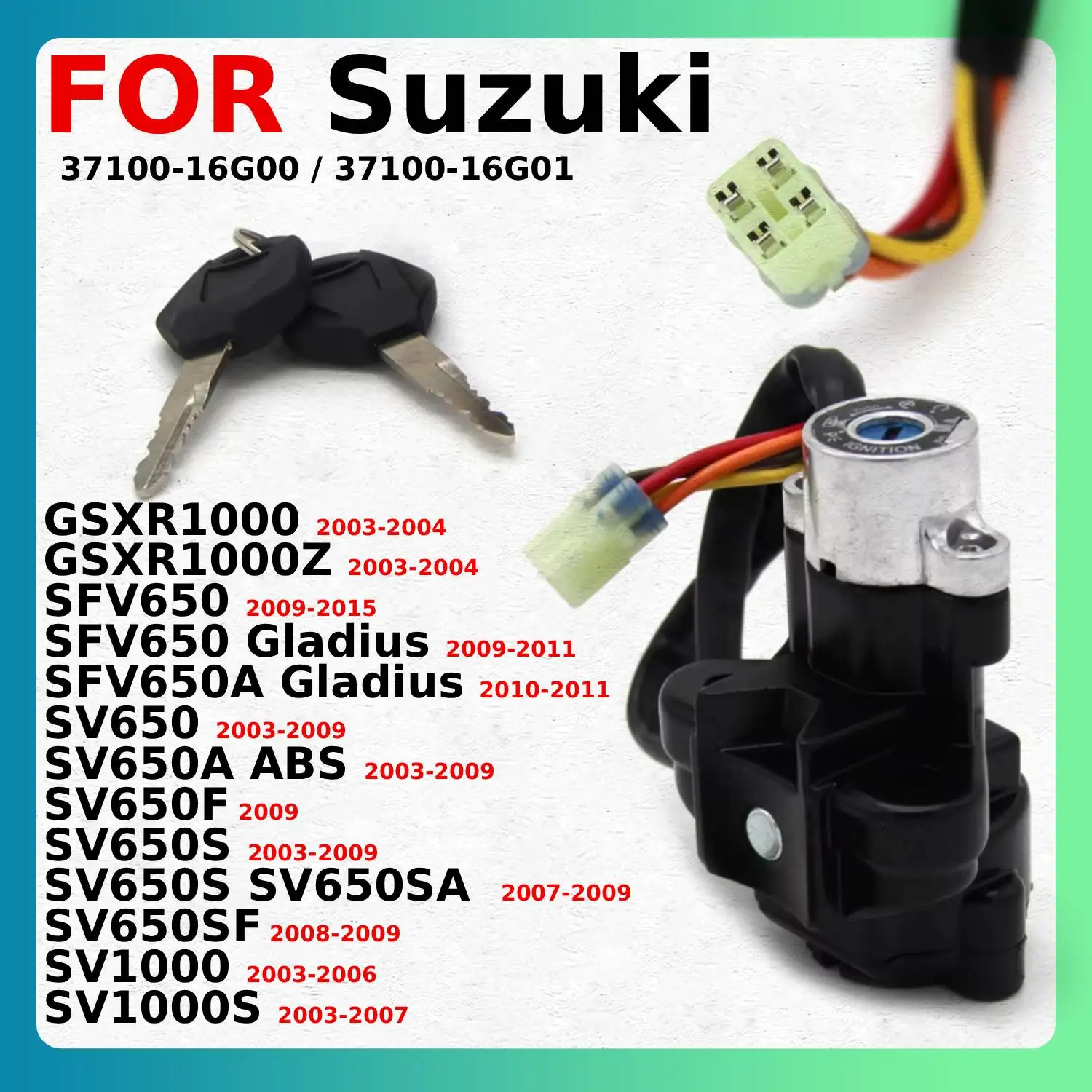 

Ключ зажигания для мотоциклов Suzuki SV650SF, SV1000, SV1000S (37100-16G01, 37100-16G00), а также для картингов, квадроциклов, мотоциклов для бездорожья и снегоходов.