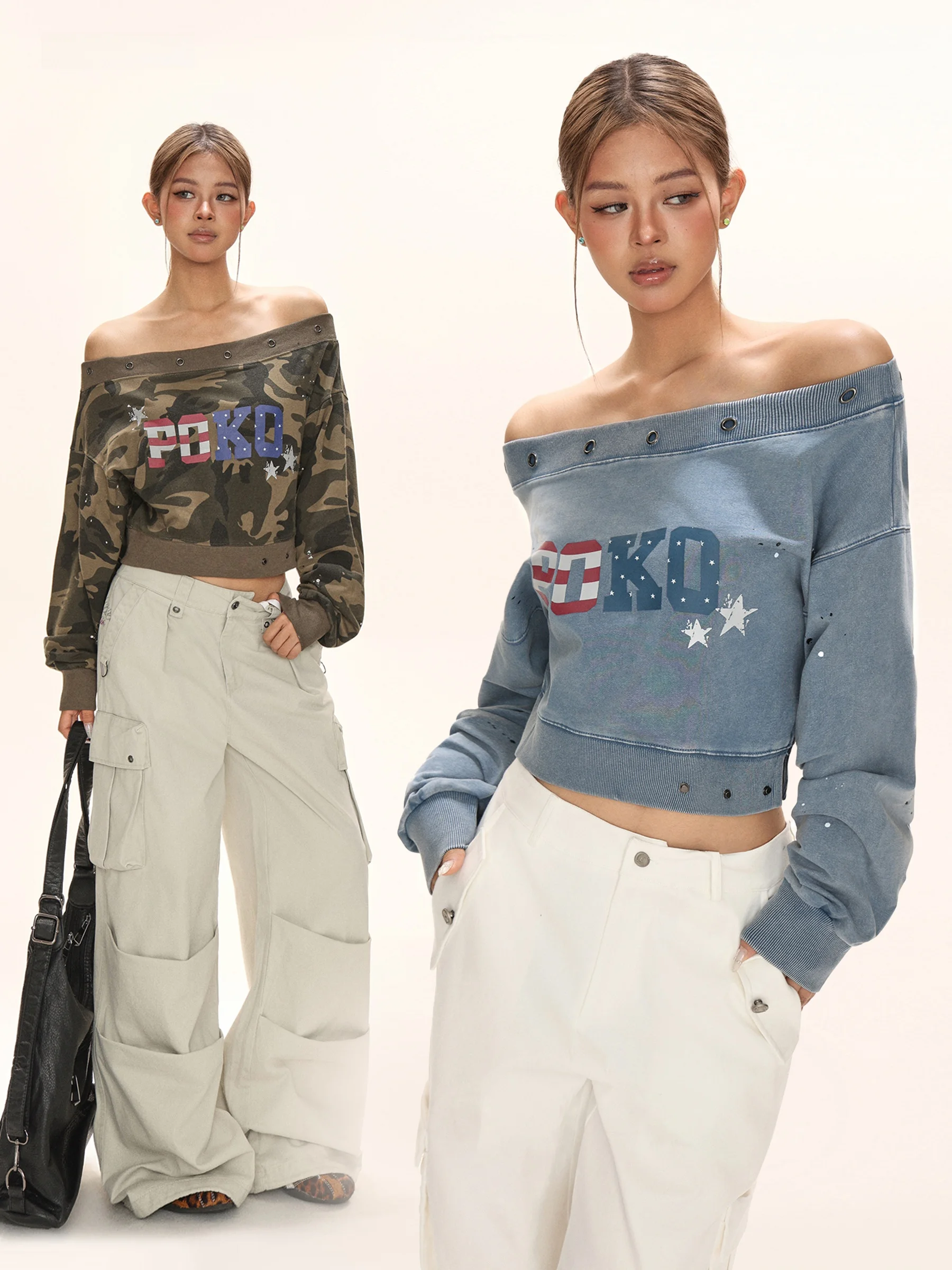 

Sle American Retro Camouflage Metal Decoration Long Sve T-irt Women Sweet Cool Sle Letter Print Top