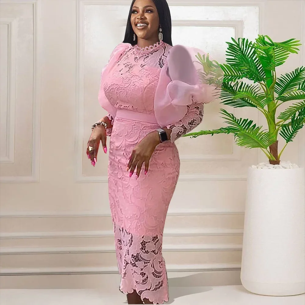 

African Wedding Party Dresses For Women 2023 Summer Elegant African Lace 3/4 Sleeve Evening Long Dress Dashiki African Clothing