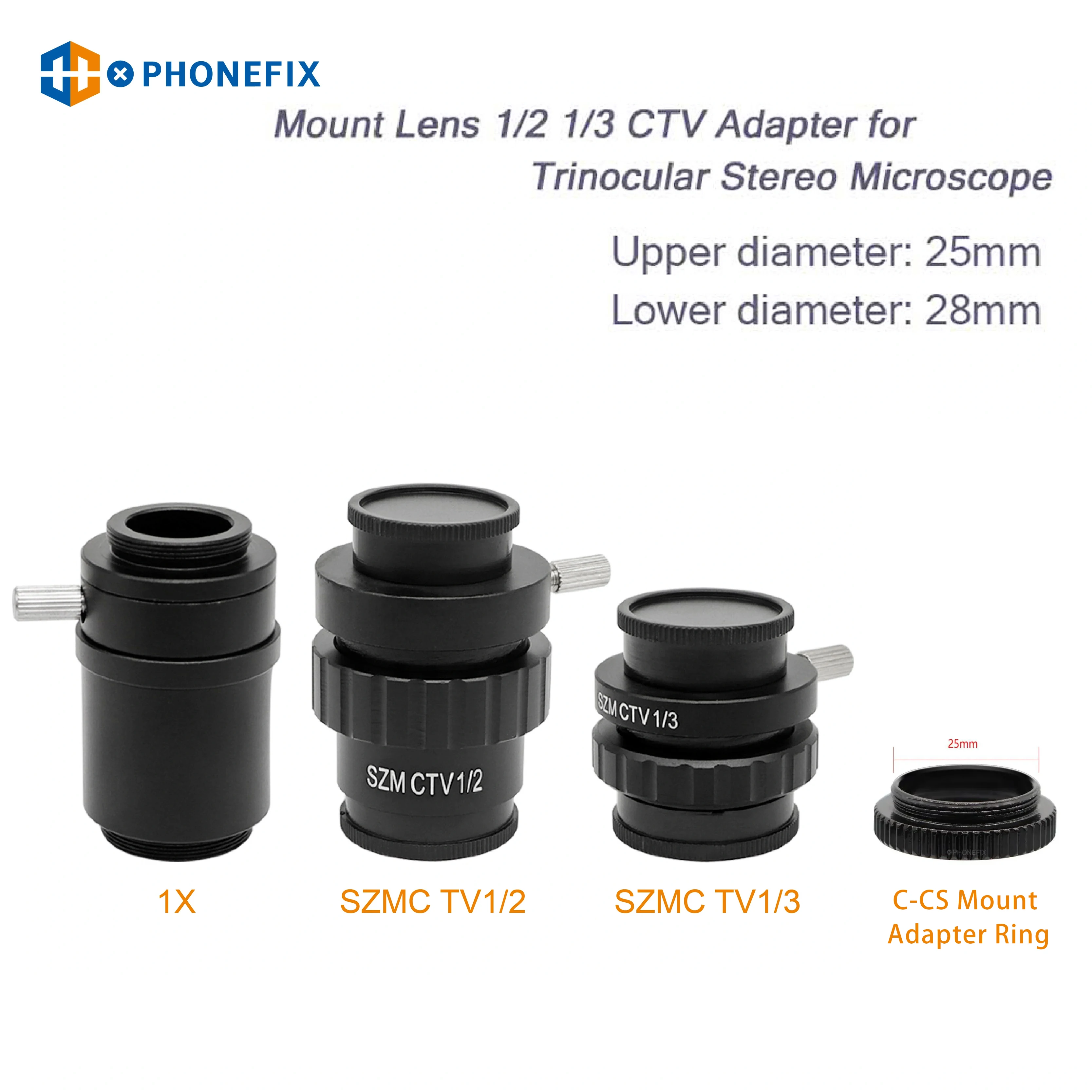 PHONEFIX SZMC TV1/2 TV1/3 CTV Converter 0.5X 0.35X C-mount Adapter Lens 25mm C-CS Mount Stereo Microscope Video Camera Adapter