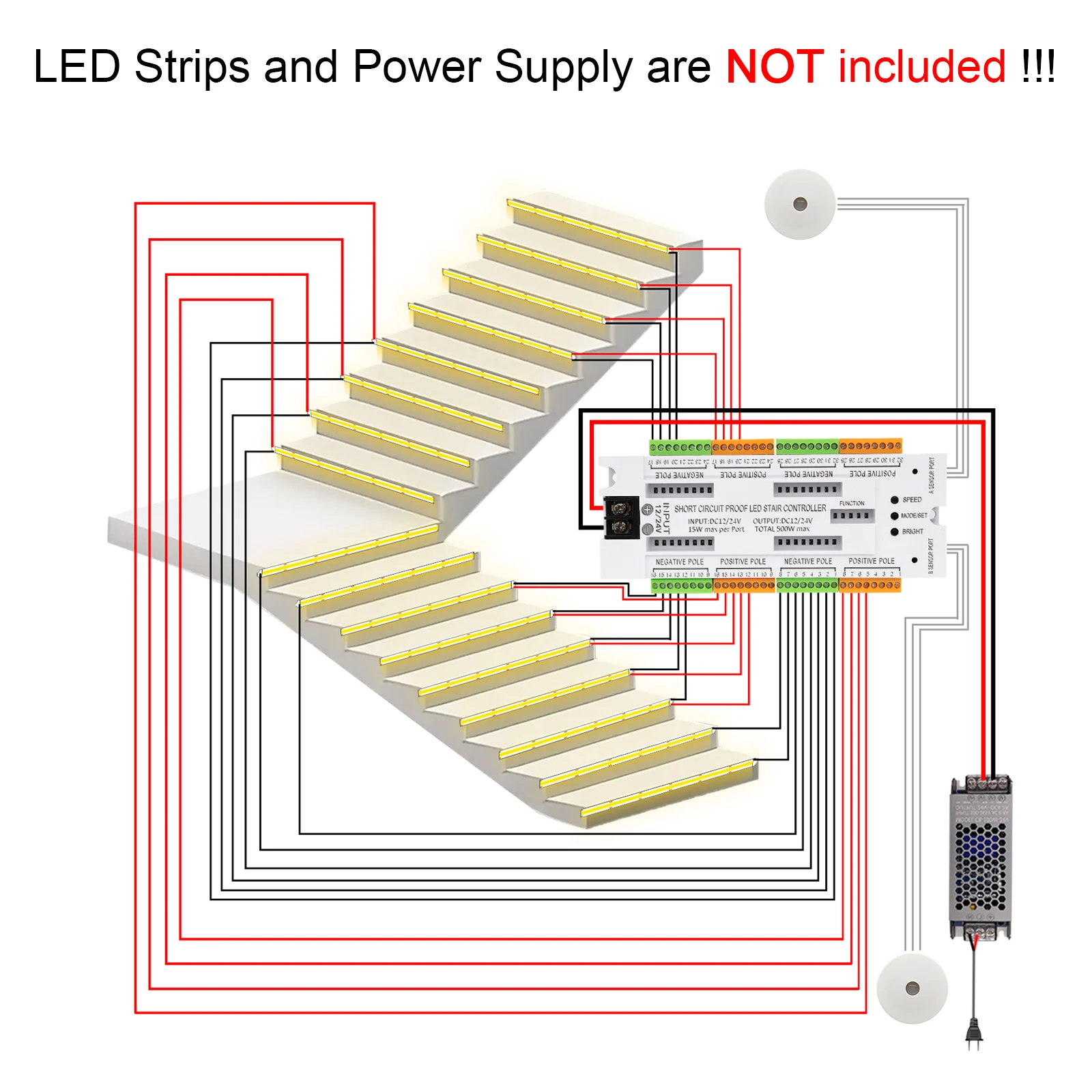 C32 Motion Sensor Stair Light Controller 12V 24V DC 32 Steps Sequential LED Stair Lighting with Dual PIR Sensors