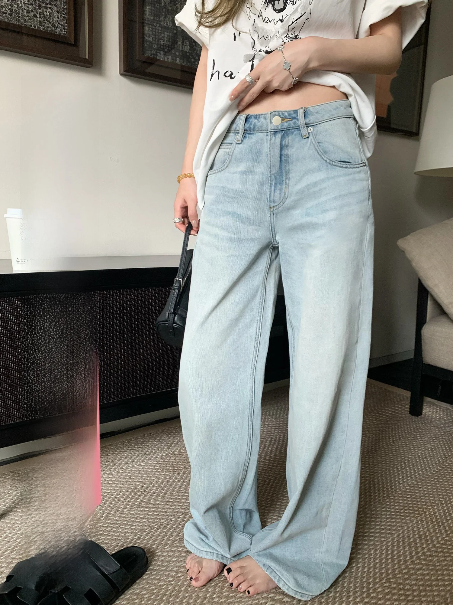 

Летняя акция: Женские джинсы Qique Light Blue Vintage Washed с эффектом потертости, свободного прямого кроя, широкие штанины, естественная талия, на молнии