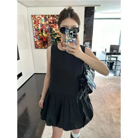 Svart Ärmlös Västklänning Dam Sommar Mjuk Personlighet Lös All-Match Blomknopp Kort Kjol Koreansk Stil Klänning 8 best sales Koreansk klänning - №2